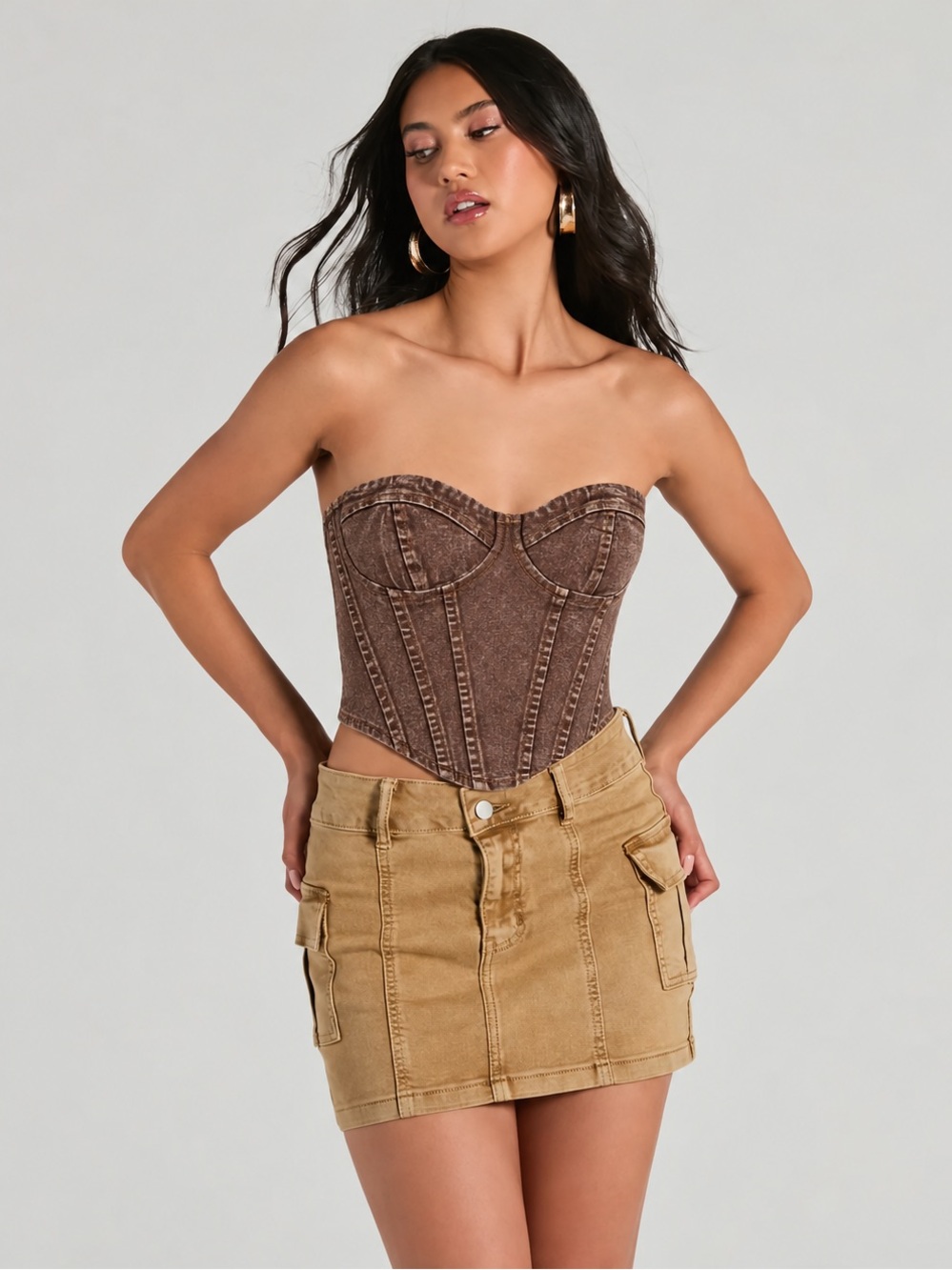 Windsor Brown Strapless Denim Corset Bodysuit
